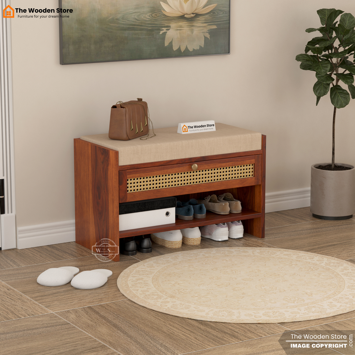 Karbon Shoe Rack & Bench Set with Cane Detailing (Honey Finish)