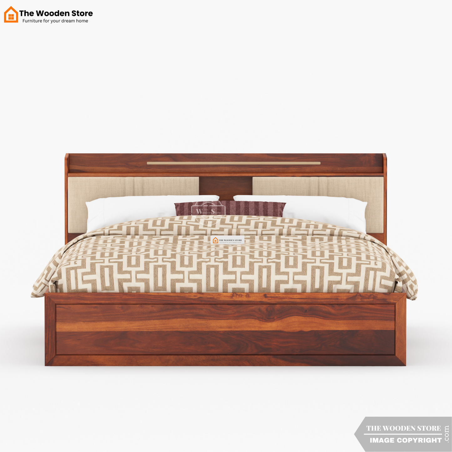 Jensen Upholstered Bed with Drawer Storage (King Size, Honey Finish)