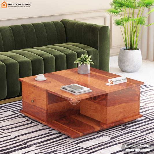 Laron Sheesham Wood Coffee Table with Drawers & Open Storage (Honey Finish)