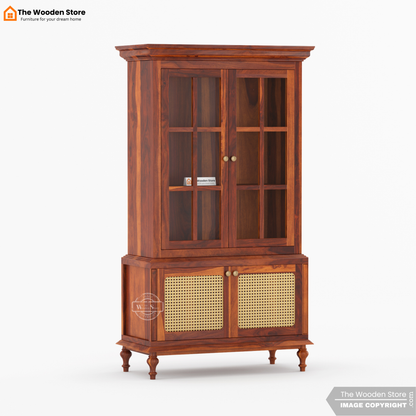 Levenson Kitchen Cabinet with Glass Doors & Cane Accent (Honey Finish)