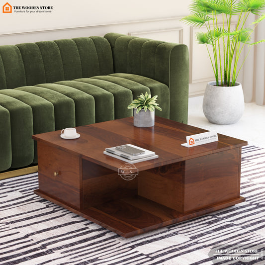 Laron Sheesham Wood Coffee Table with Drawers & Open Storage (Walnut Finish)