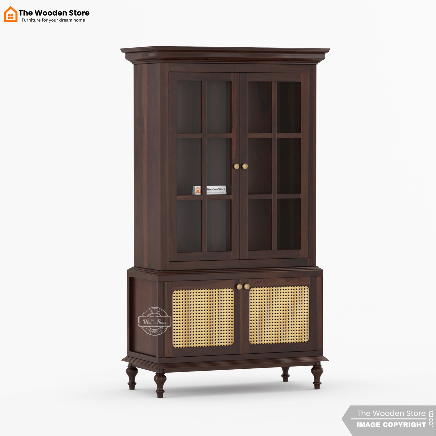 Levenson Kitchen Cabinet with Glass Doors & Cane Accent (Walnut Finish)