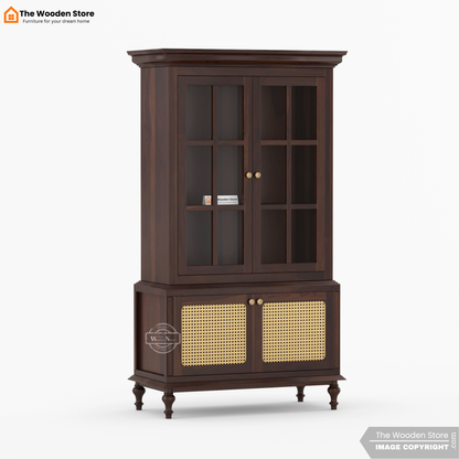 Levenson Kitchen Cabinet with Glass Doors & Cane Accent (Walnut Finish)