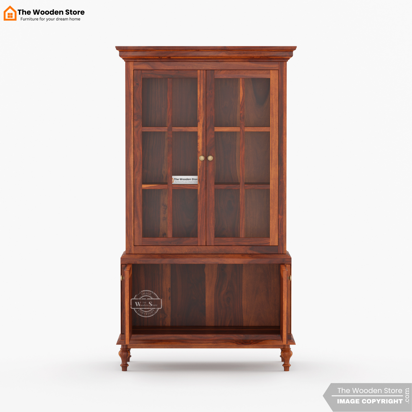 Levenson Kitchen Cabinet with Glass Doors & Cane Accent (Honey Finish)