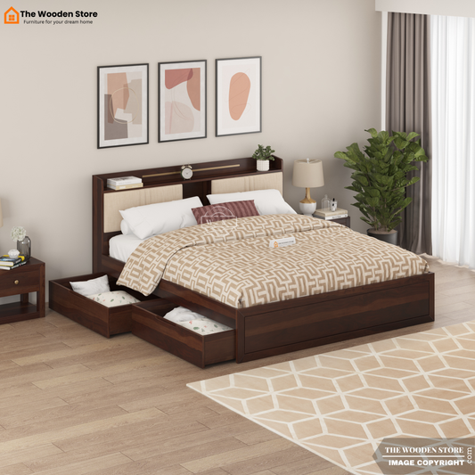 Jensen Upholstered Bed with Drawer Storage (King Size, Walnut Finish)