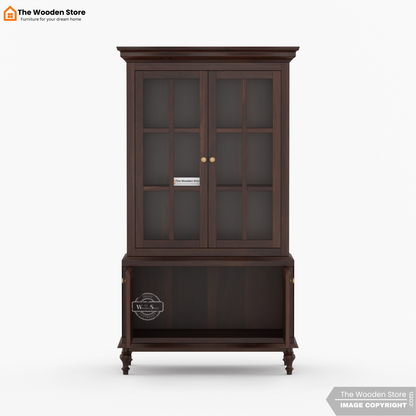 Levenson Kitchen Cabinet with Glass Doors & Cane Accent (Walnut Finish)
