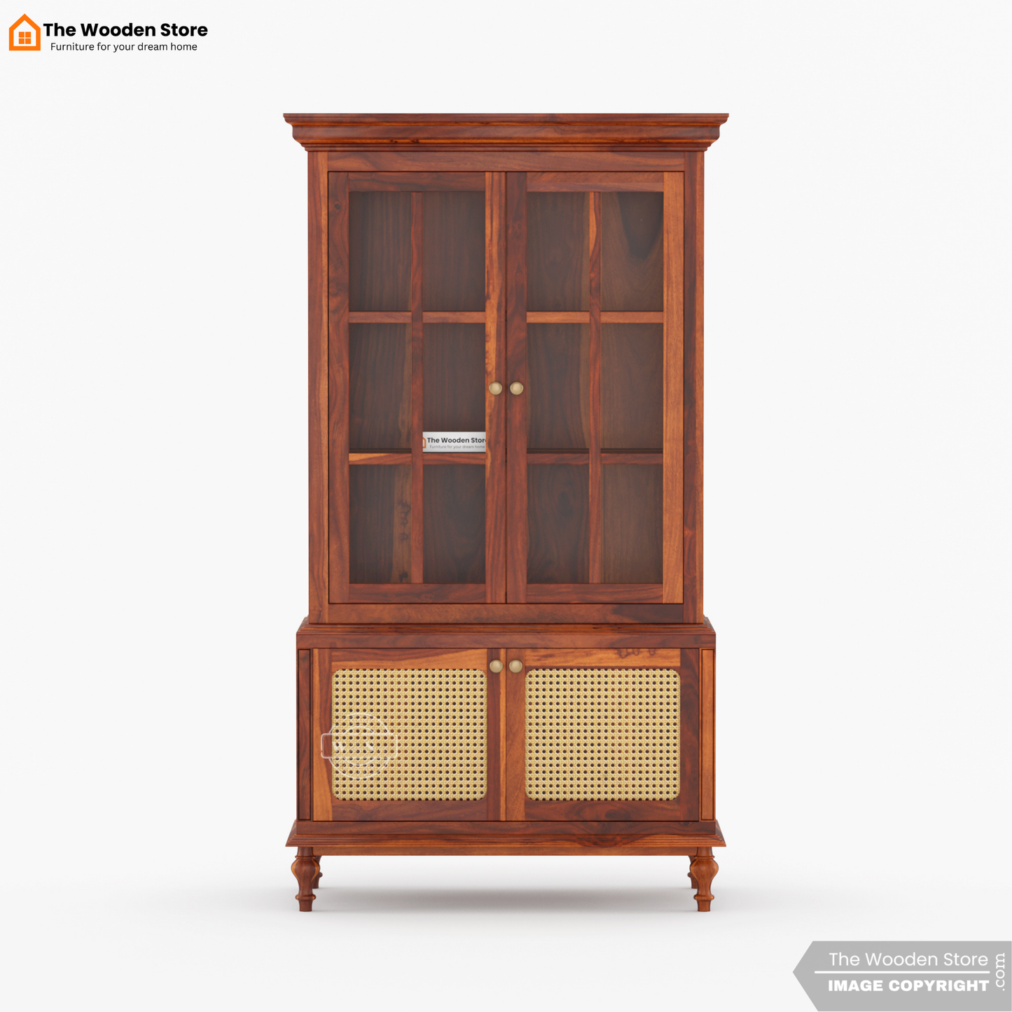 Levenson Kitchen Cabinet with Glass Doors & Cane Accent (Honey Finish)