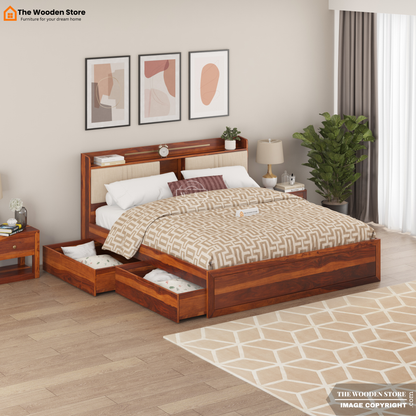 Jensen Upholstered Bed with Drawer Storage (King Size, Honey Finish)