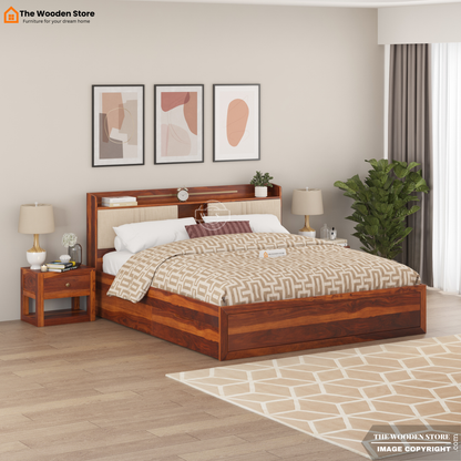 Jensen Upholstered Bed with Drawer Storage (King Size, Honey Finish)