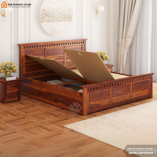 Donald Bed With Box Storage (King Size, Honey Finish)
