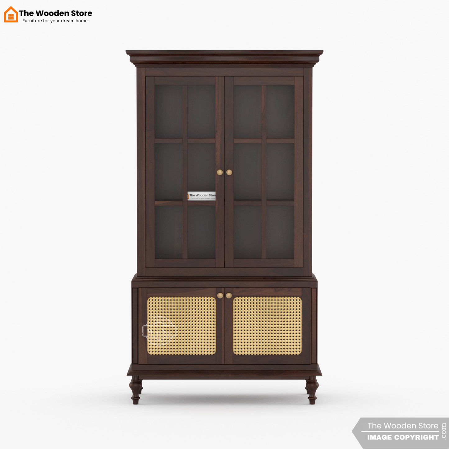 Levenson Kitchen Cabinet with Glass Doors & Cane Accent (Walnut Finish)