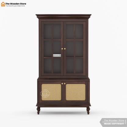 Levenson Kitchen Cabinet with Glass Doors & Cane Accent (Walnut Finish)