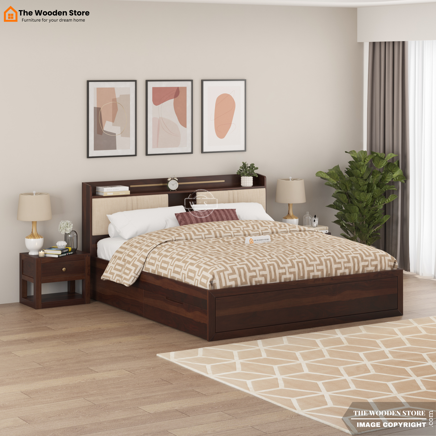 Jensen Upholstered Bed with Drawer Storage (King Size, Walnut Finish)