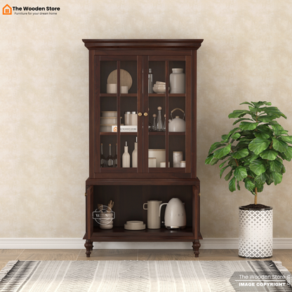 Levenson Kitchen Cabinet with Glass Doors & Cane Accent (Walnut Finish)