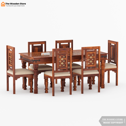 Royal Brass and Tiles 6 Seater Dining Table Set (Honey Finish)