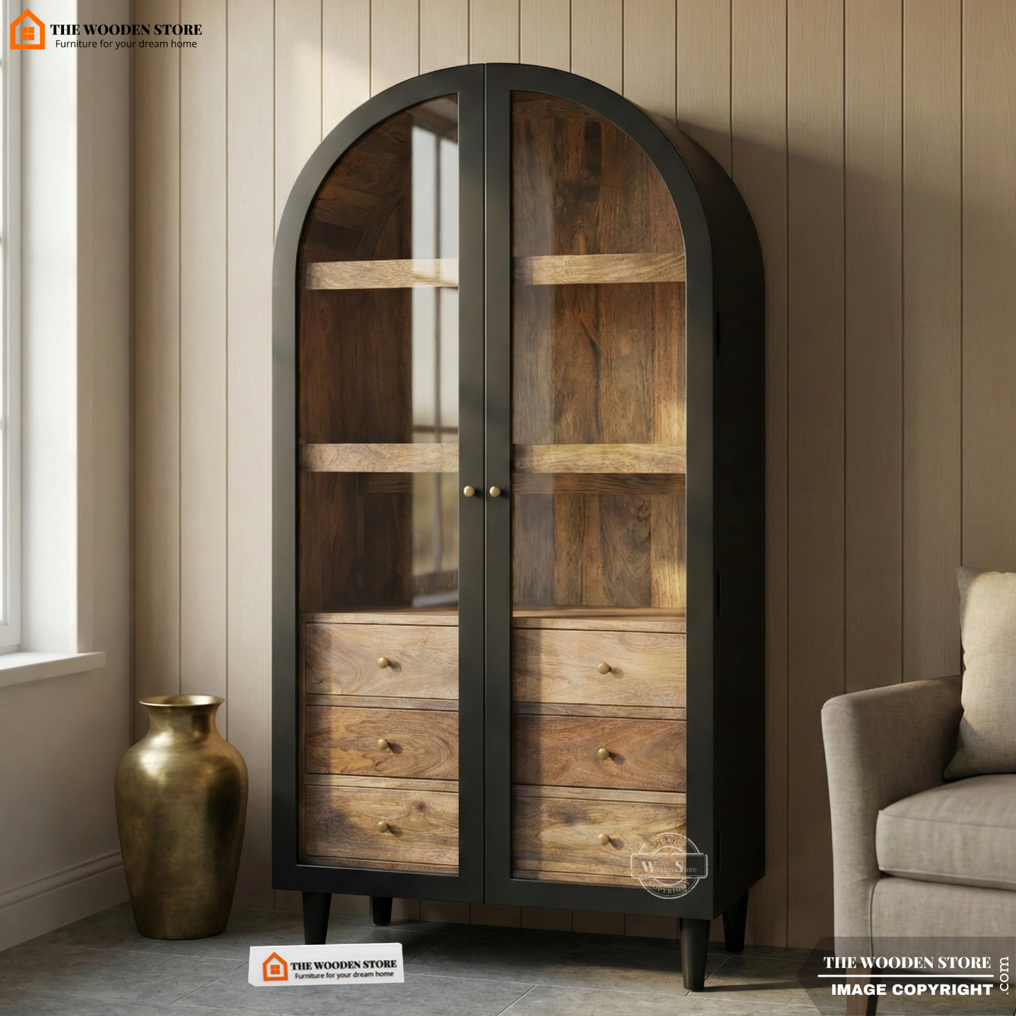 Arched Solid Mango Wood Cabinet With 3 Drawers (Black Finish)