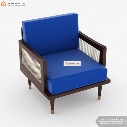 Eric Cane Arm Chair (Marine Blue, Walnut Finish)