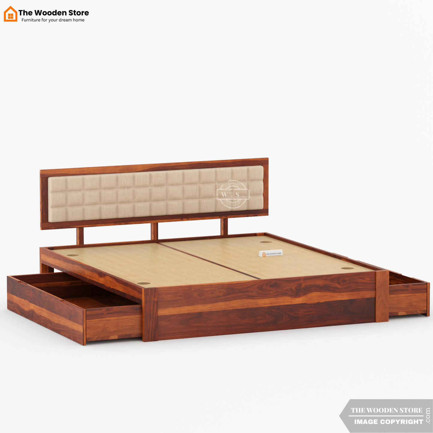 Halis Upholstered Bed with Drawer Storage (King Size, Honey Finish)