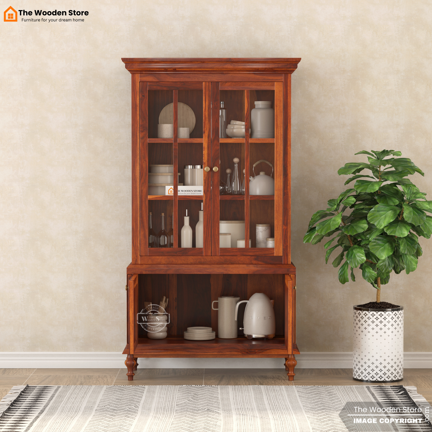 Levenson Kitchen Cabinet with Glass Doors & Cane Accent (Honey Finish)