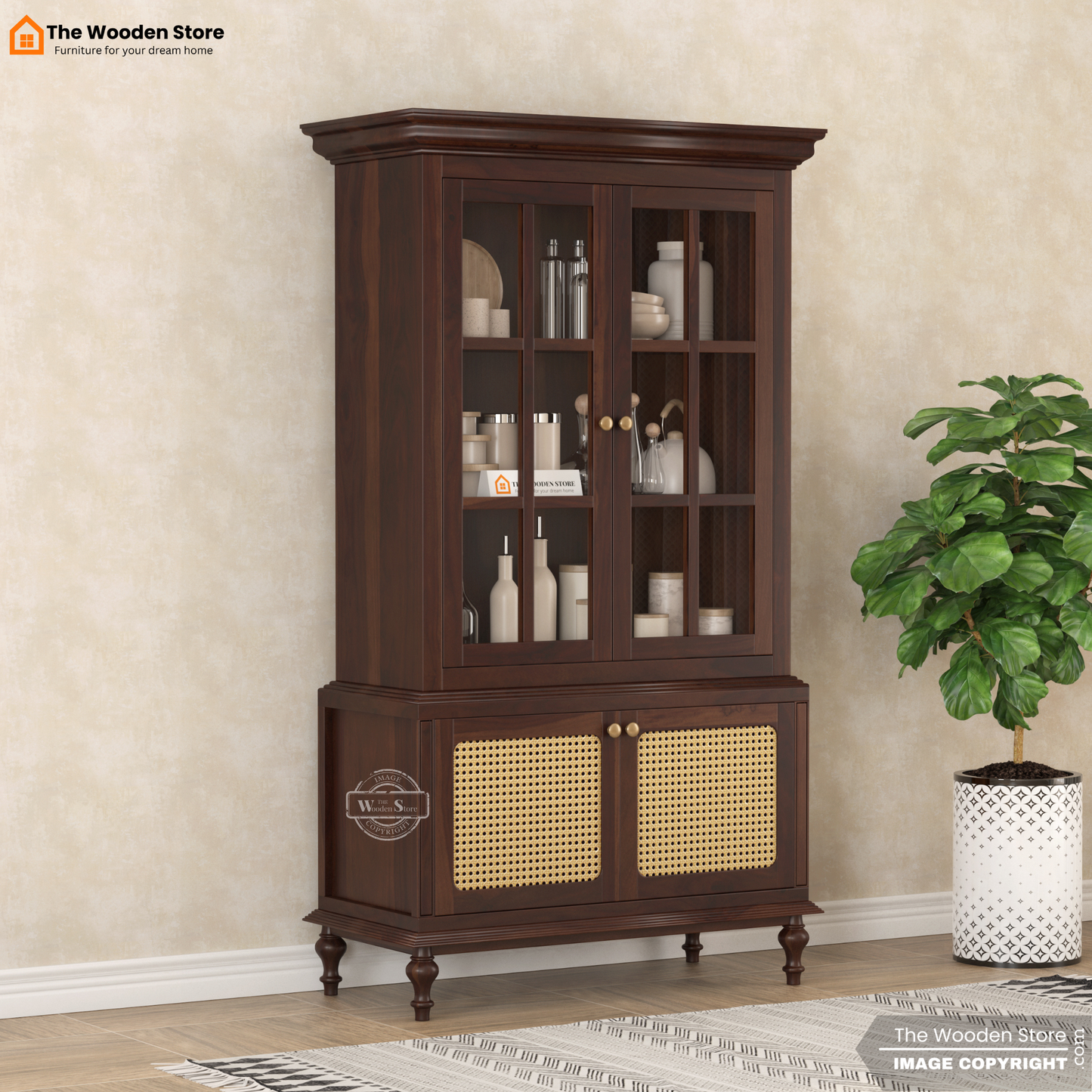 Levenson Kitchen Cabinet with Glass Doors & Cane Accent (Walnut Finish)