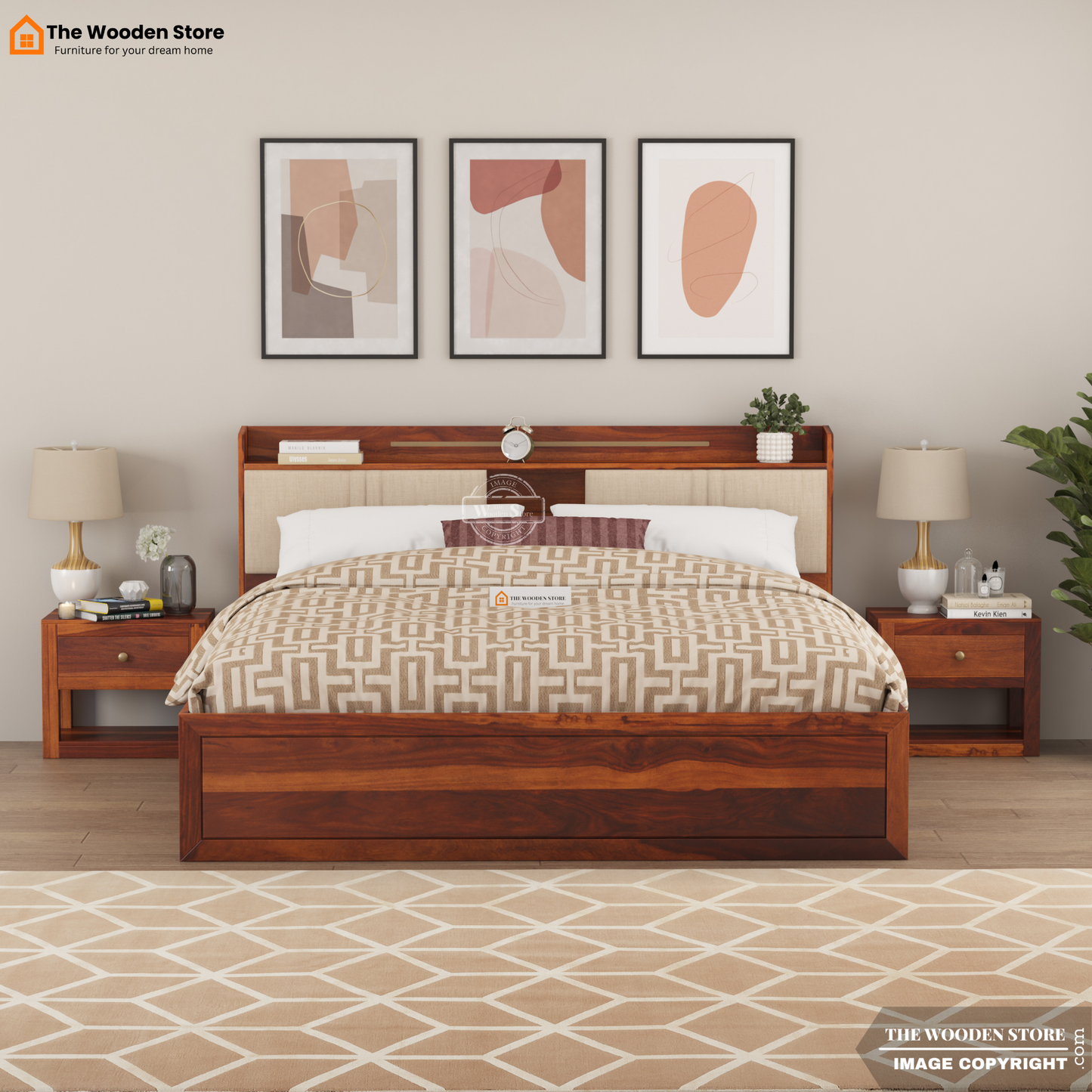 Jensen Upholstered Bed with Drawer Storage (King Size, Honey Finish)