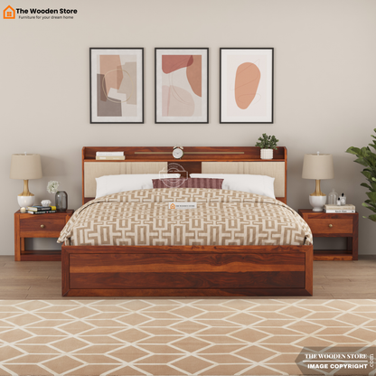 Jensen Upholstered Bed with Drawer Storage (King Size, Honey Finish)