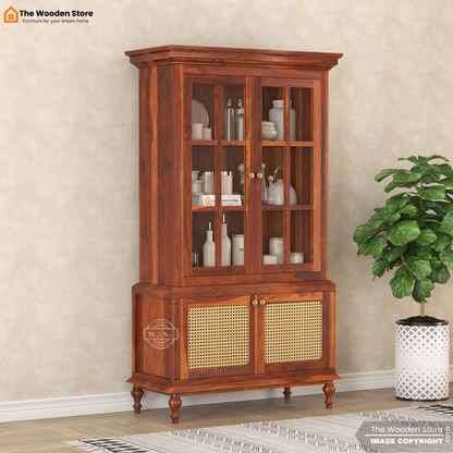 Levenson Kitchen Cabinet with Glass Doors & Cane Accent (Honey Finish)