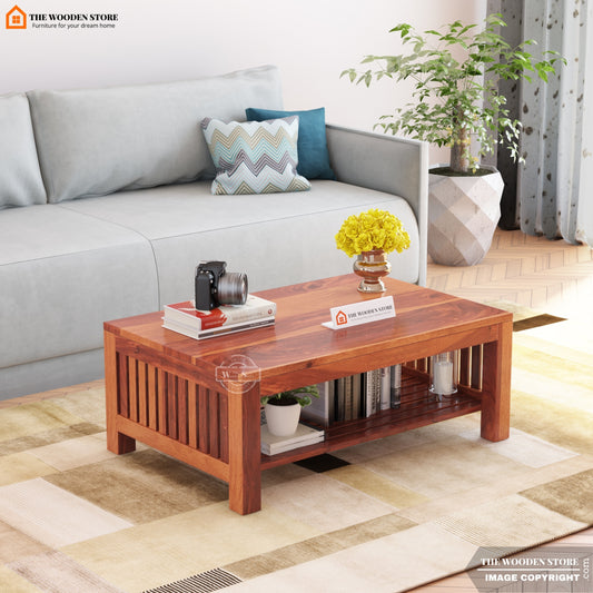 Reigns Sheesham Wood Coffee Table with Underneath Shelf Storage (Honey Finish)
