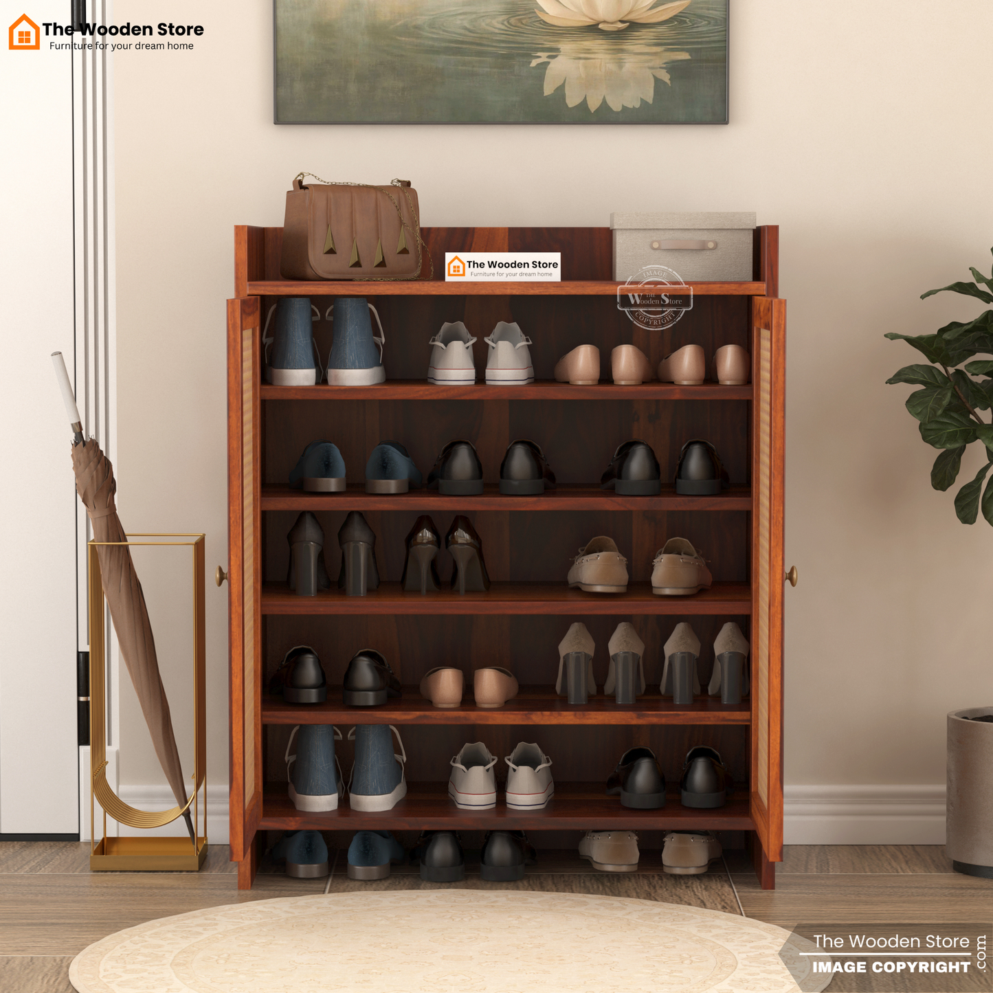 Baron Shoe Rack With Cane Detailing (Honey Finish)