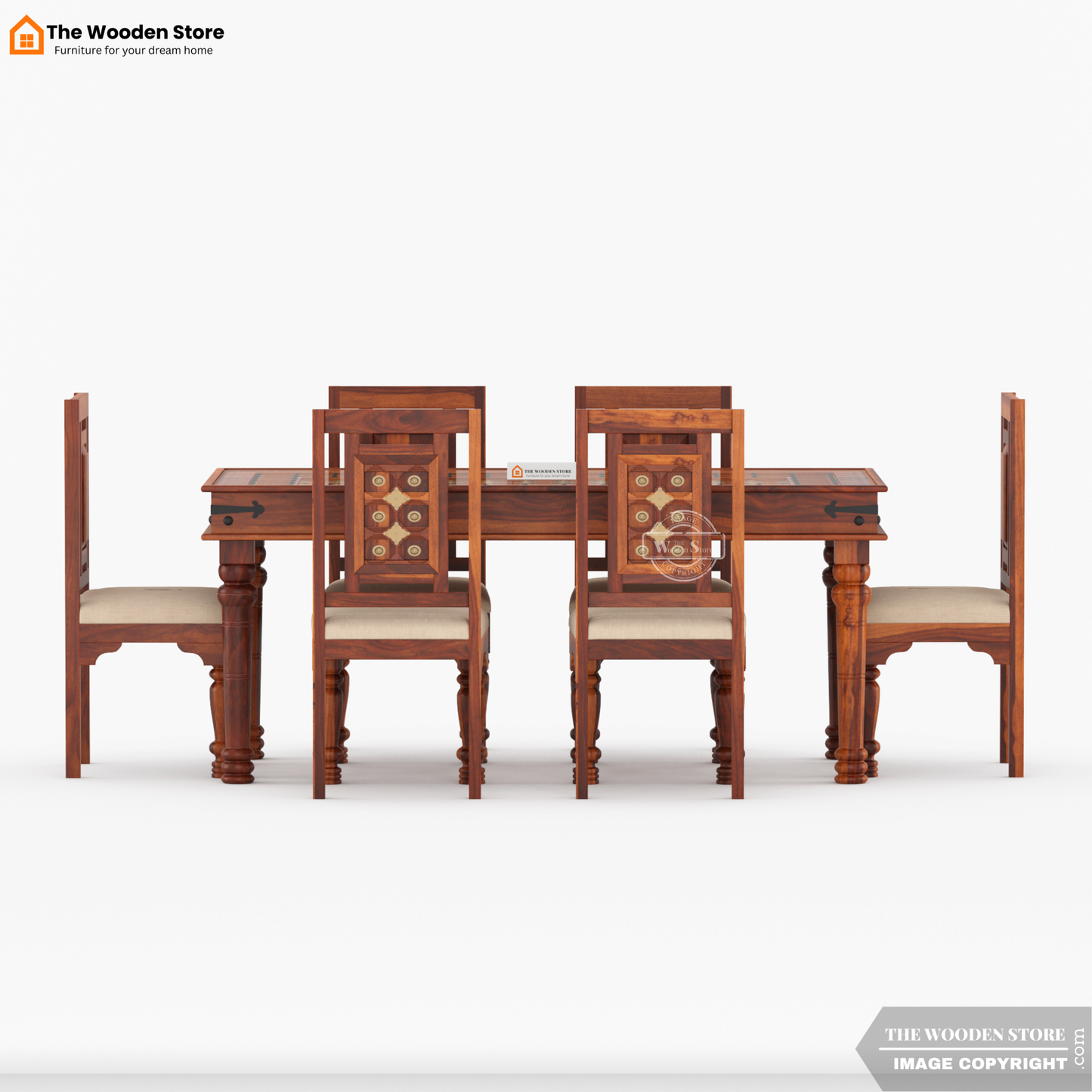 Royal Brass and Tiles 6 Seater Dining Table Set (Honey Finish)