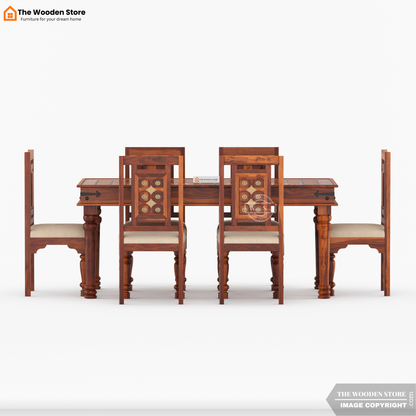 Royal Brass and Tiles 6 Seater Dining Table Set (Honey Finish)