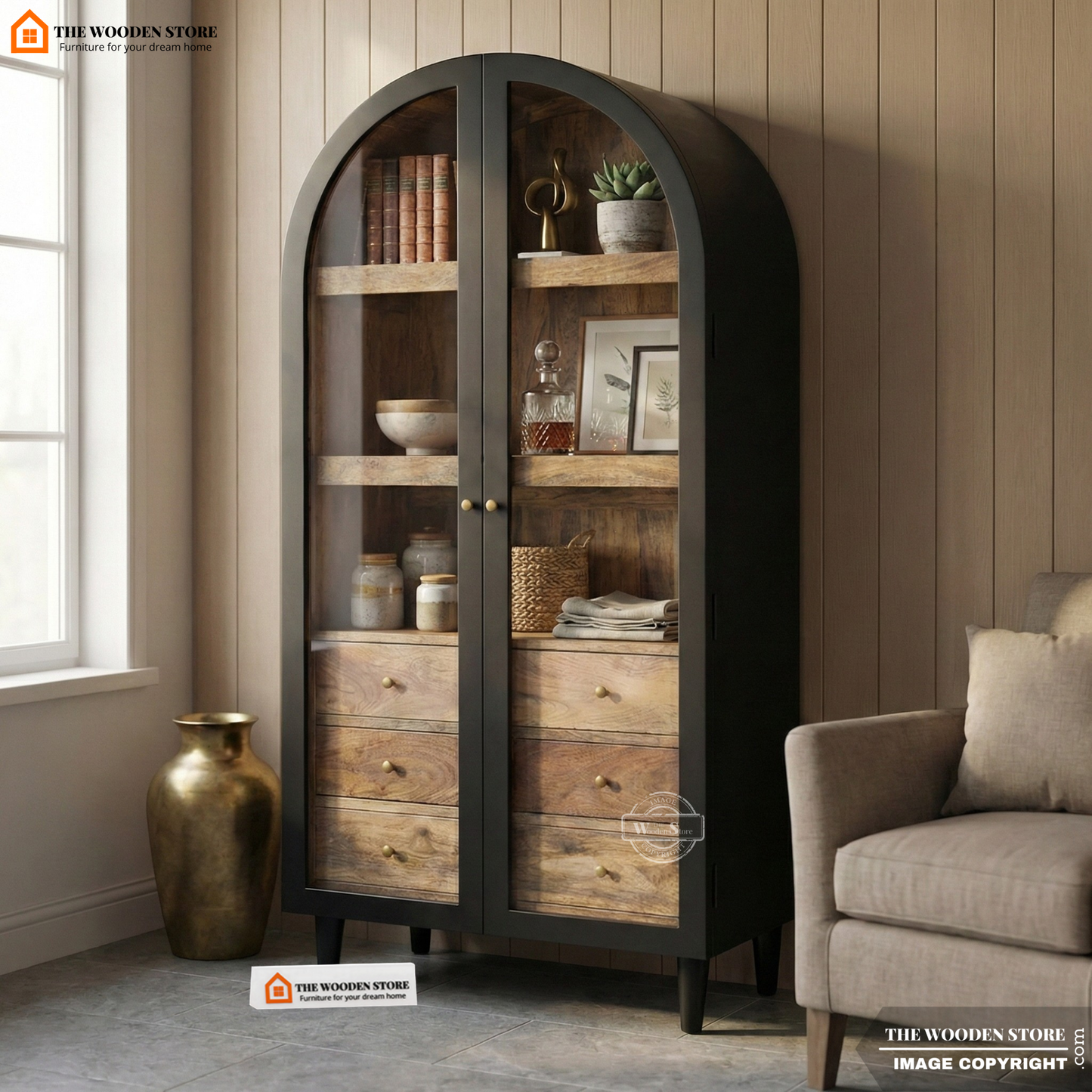 Arched Solid Mango Wood Cabinet With 3 Drawers (Black Finish)