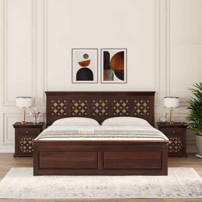 Indi Brass Bed without Storage (Queen Size, Walnut Finish)