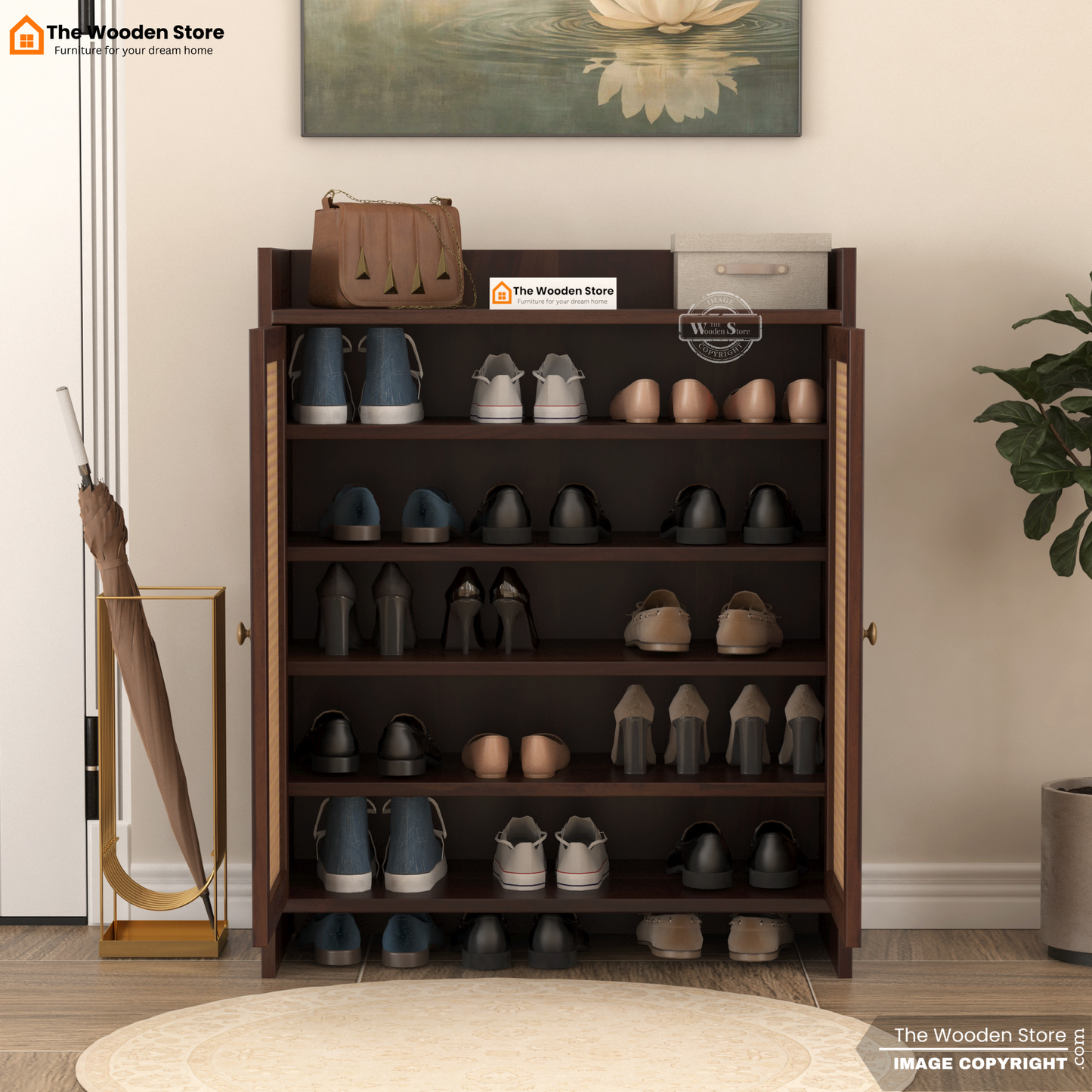 Baron Shoe Rack With Cane Detailing (Walnut Finish)
