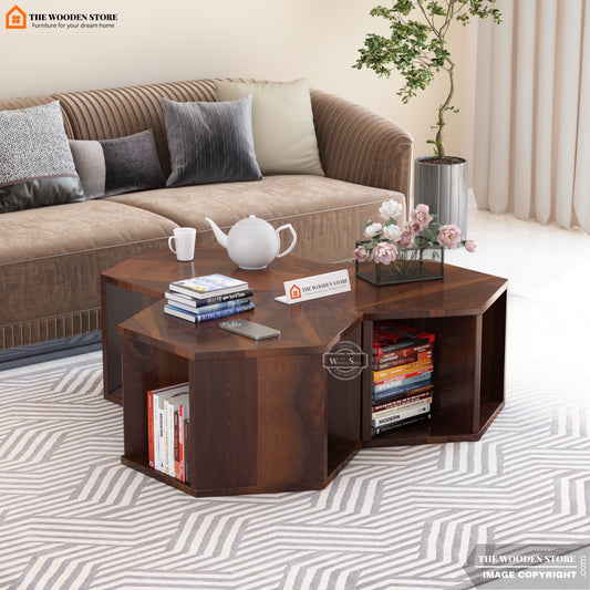Rollins Sheesham Wood Centre Table with Open Storage - Set Of 3 (Walnut Finish)