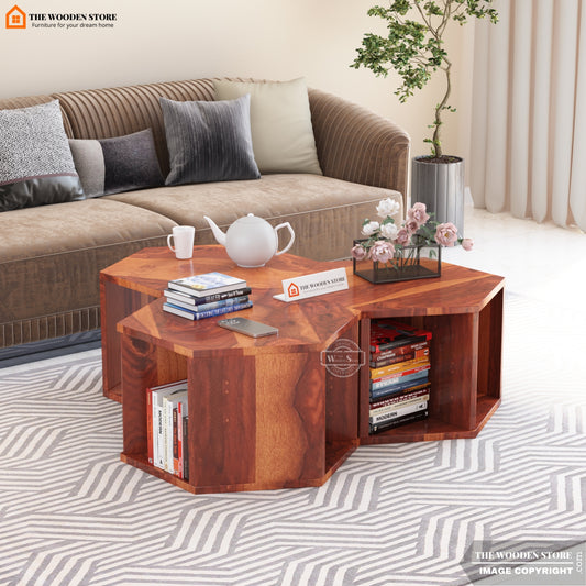 Rollins Sheesham Wood Centre Table with Open Storage - Set Of 3 (Honey Finish)