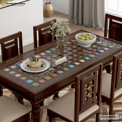 Royal Brass and Tiles 6 Seater Dining Table Set (Walnut Finish)