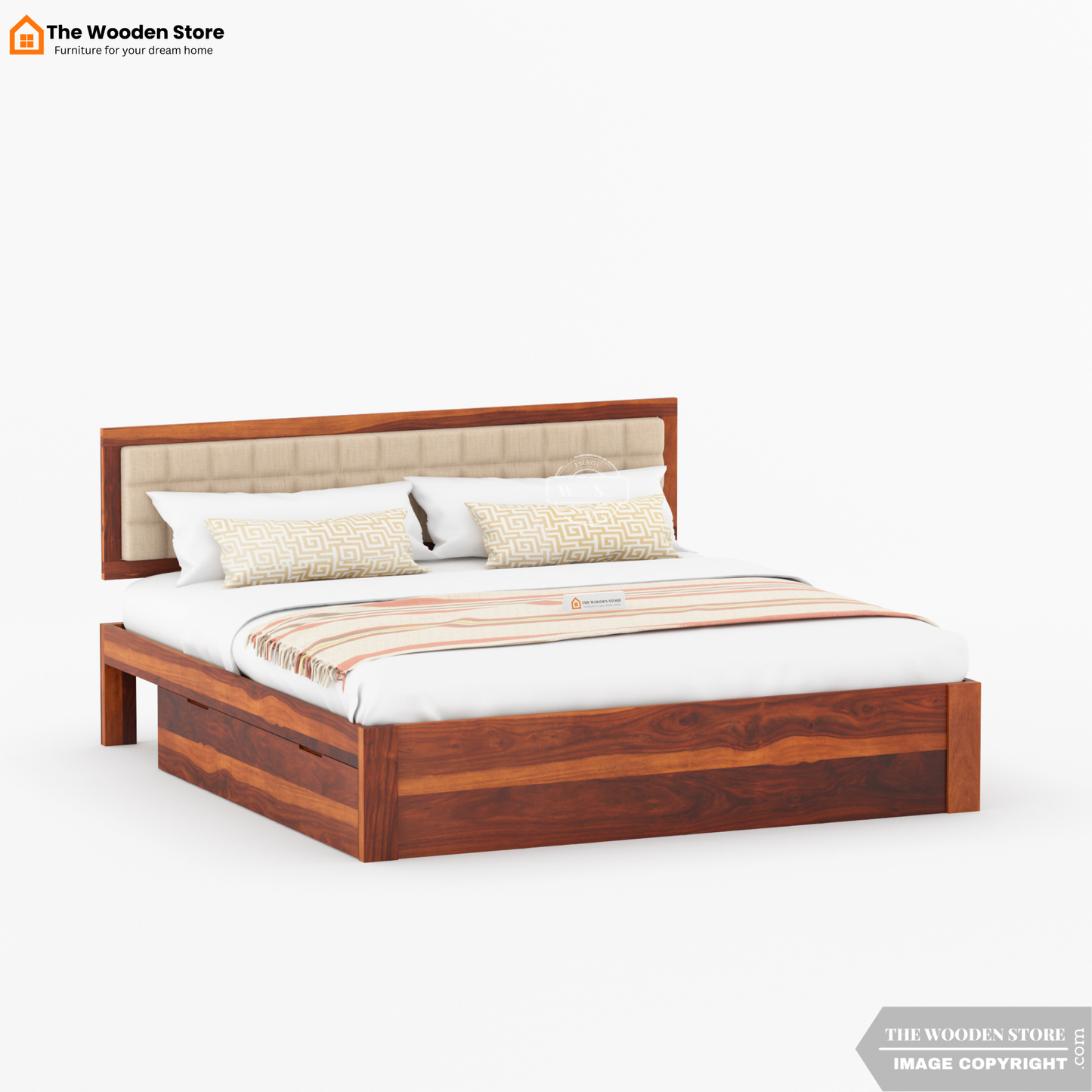 Halis Upholstered Bed with Drawer Storage (King Size, Honey Finish)