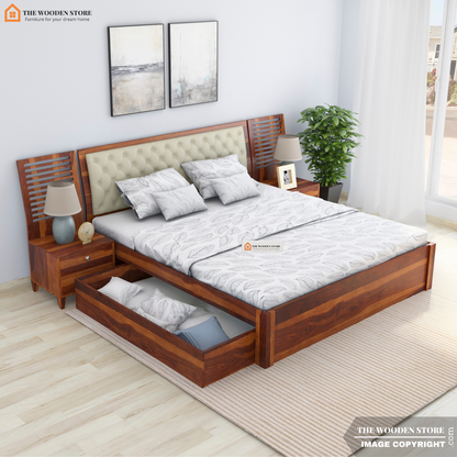 Prince Drawer Storage Bed With Bedside (King Size, Honey Finish)