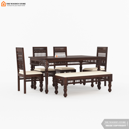 Ekatra 6 Seater Dining Set With Bench (Walnut Finish)