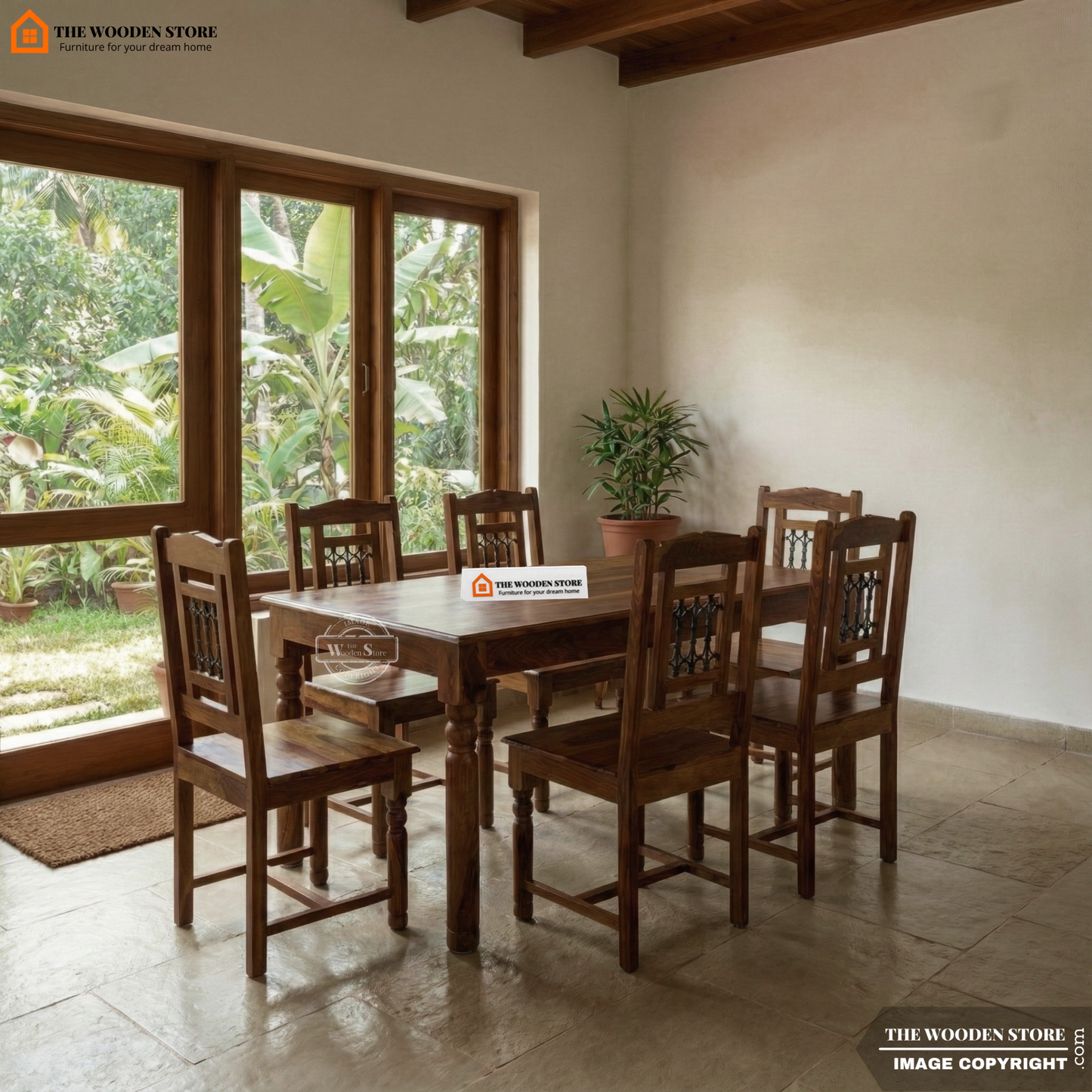 Tavin 6 Seater Sheesham Wood Dining Set (Walnut Finish)