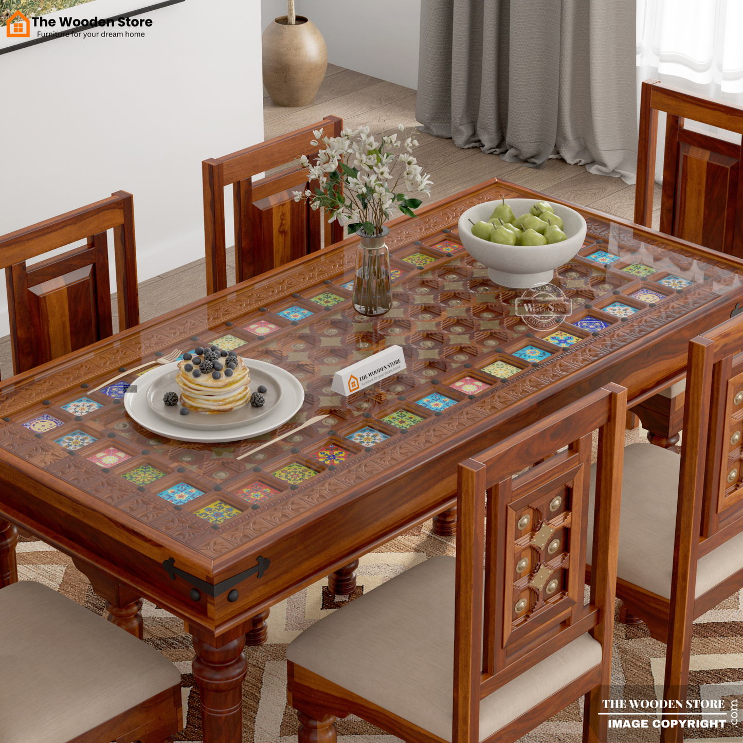Royal Brass and Tiles 6 Seater Dining Table Set (Honey Finish)