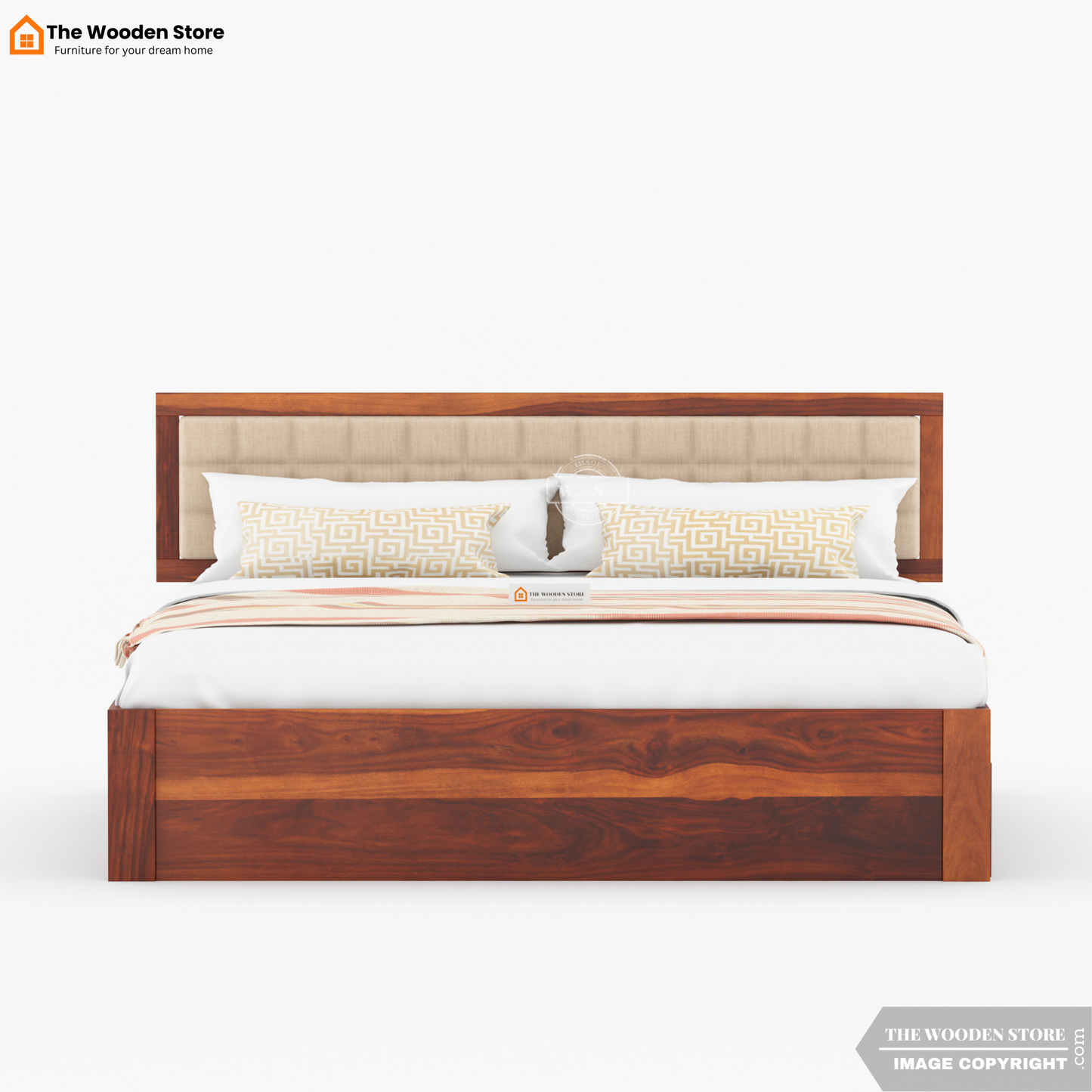 Halis Upholstered Bed with Drawer Storage (King Size, Honey Finish)