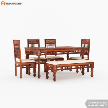 Ekatra 6 Seater Dining Set With Bench (Honey Finish)