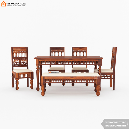 Ekatra 6 Seater Dining Set With Bench (Honey Finish)