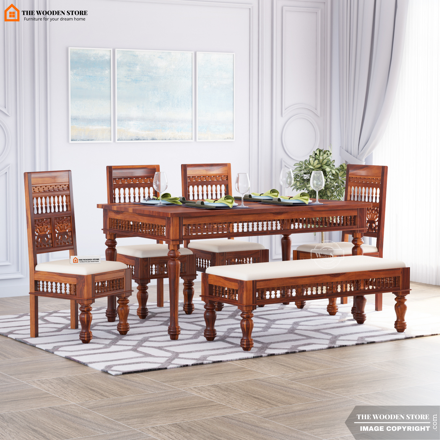 Ekatra 6 Seater Dining Set With Bench (Honey Finish)