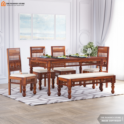 Ekatra 6 Seater Dining Set With Bench (Honey Finish)