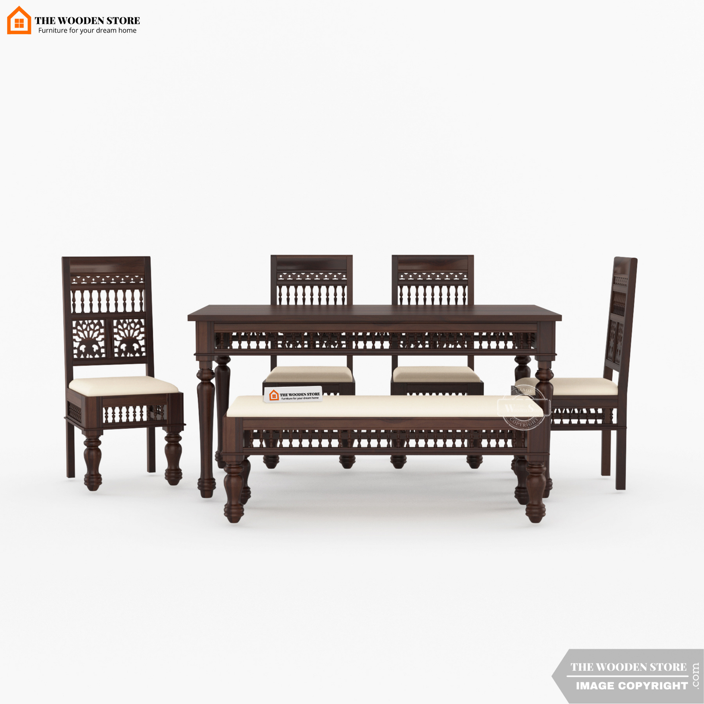 Ekatra 6 Seater Dining Set With Bench (Walnut Finish)