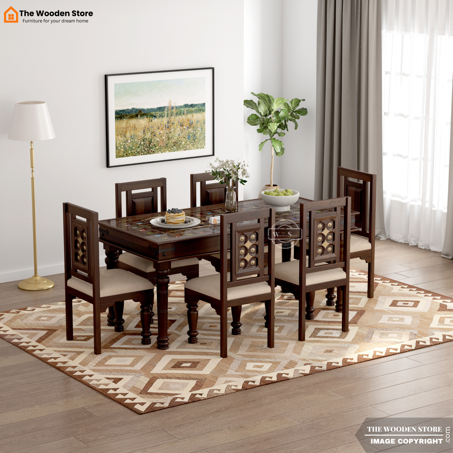 Royal Brass and Tiles 6 Seater Dining Table Set (Walnut Finish)