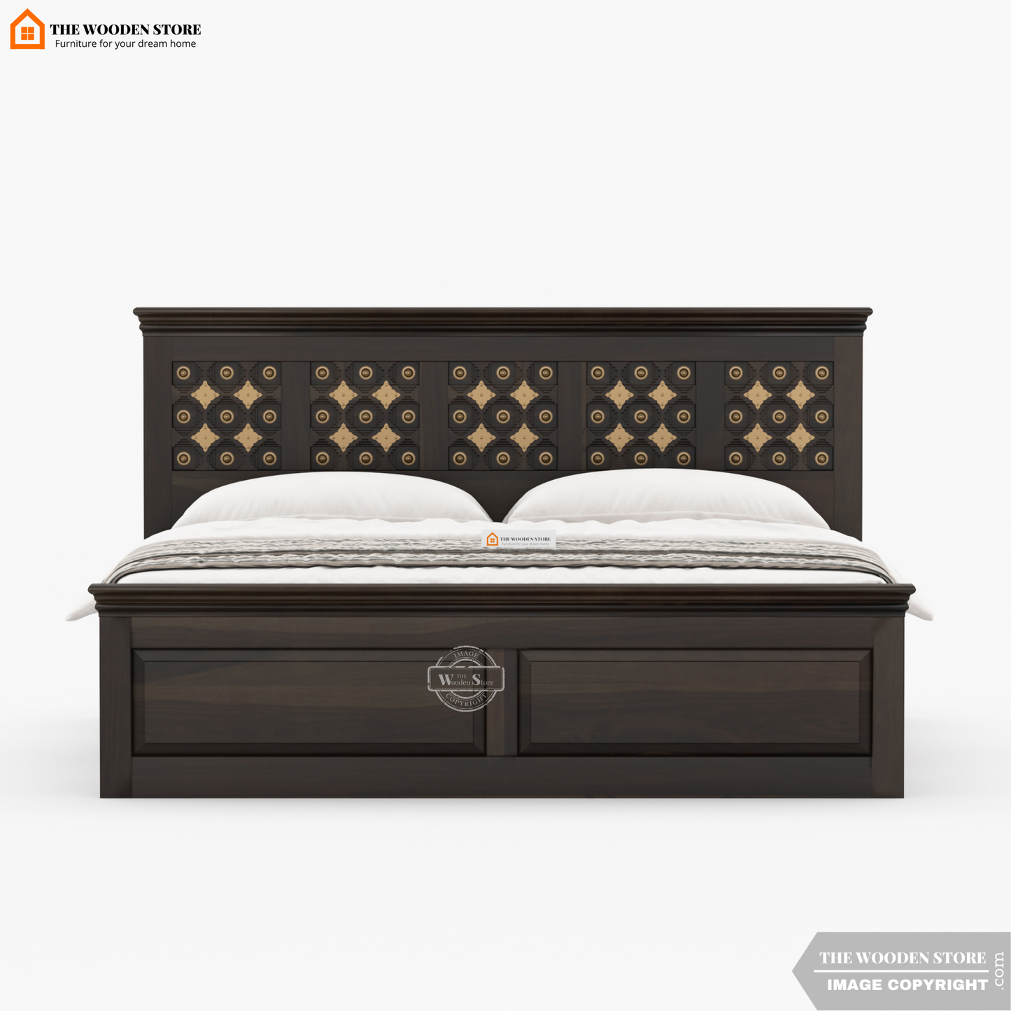 Indi Brass Bed without Storage (Queen Size, Walnut Finish)
